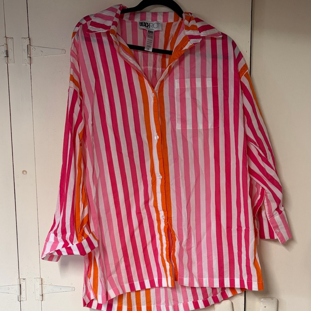 Beach Riot Pink, Hot Pink & Orange Striped Button Shirt